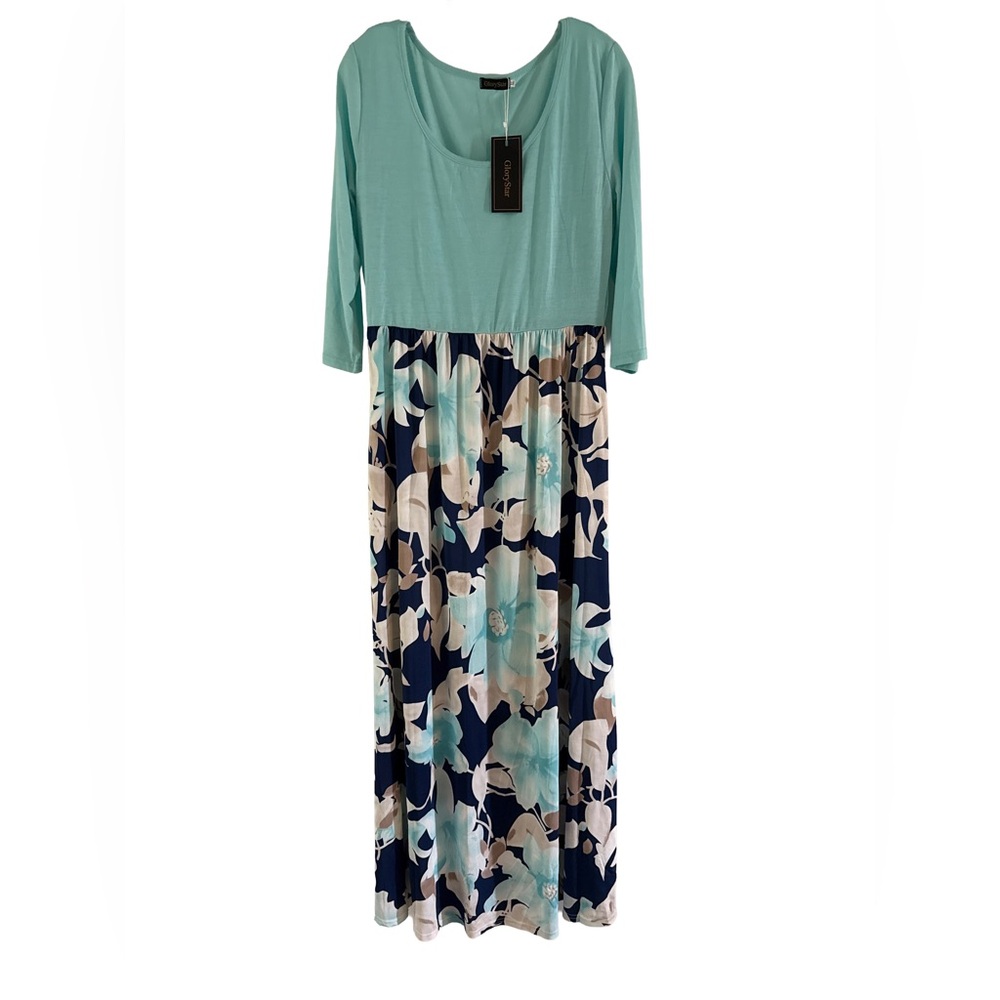 GloryStar Women’s XL Teal and Navy Floral Maxi Dress boho cottagecore